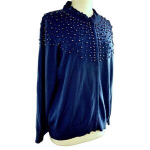Quacker Factory Zip Front Beaded Cardigan Sweater Top Satin Trim Royal Blue M